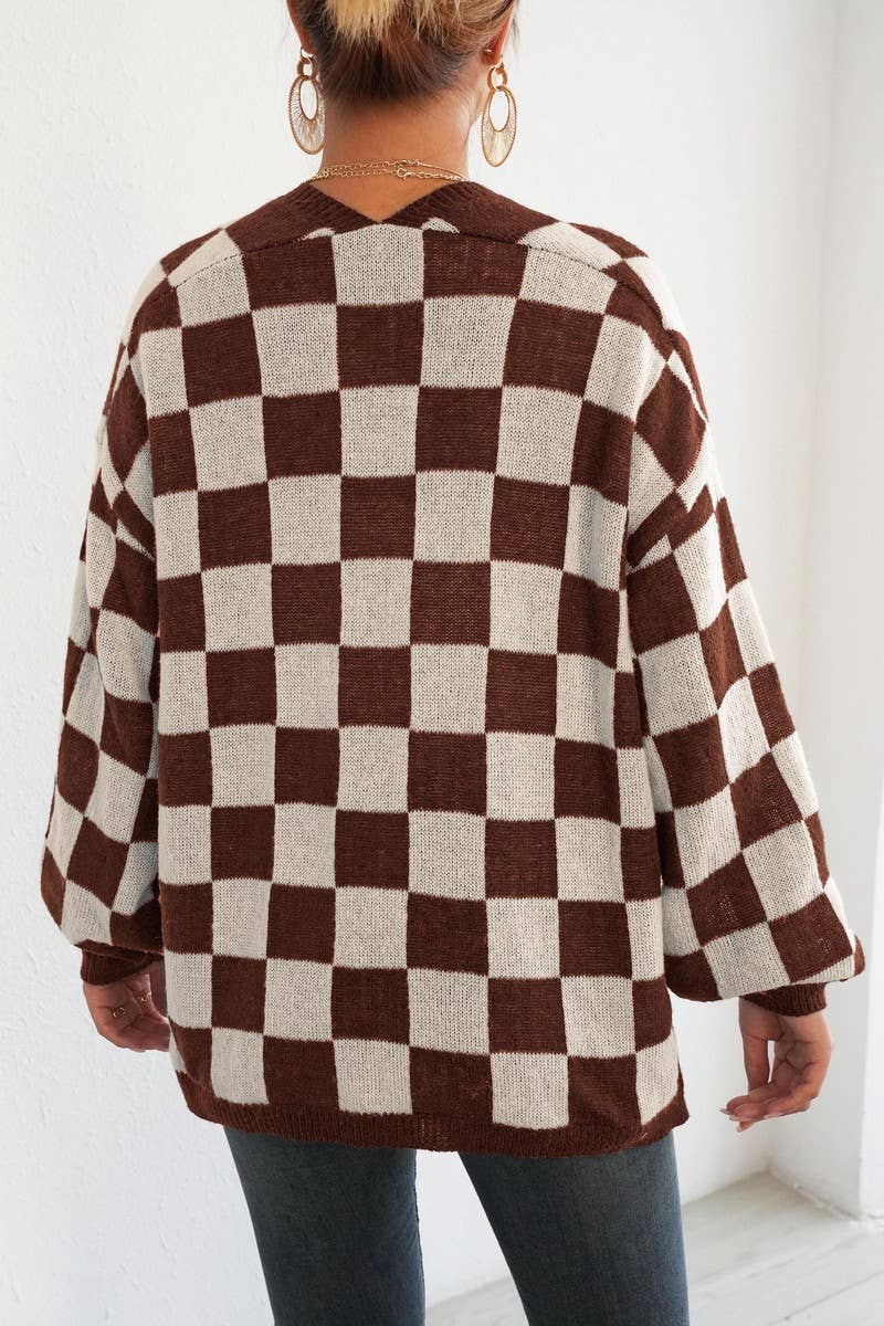 CWOSWL07333_WOMEN BLOCK CHECKERED KNIT CARDIGAN