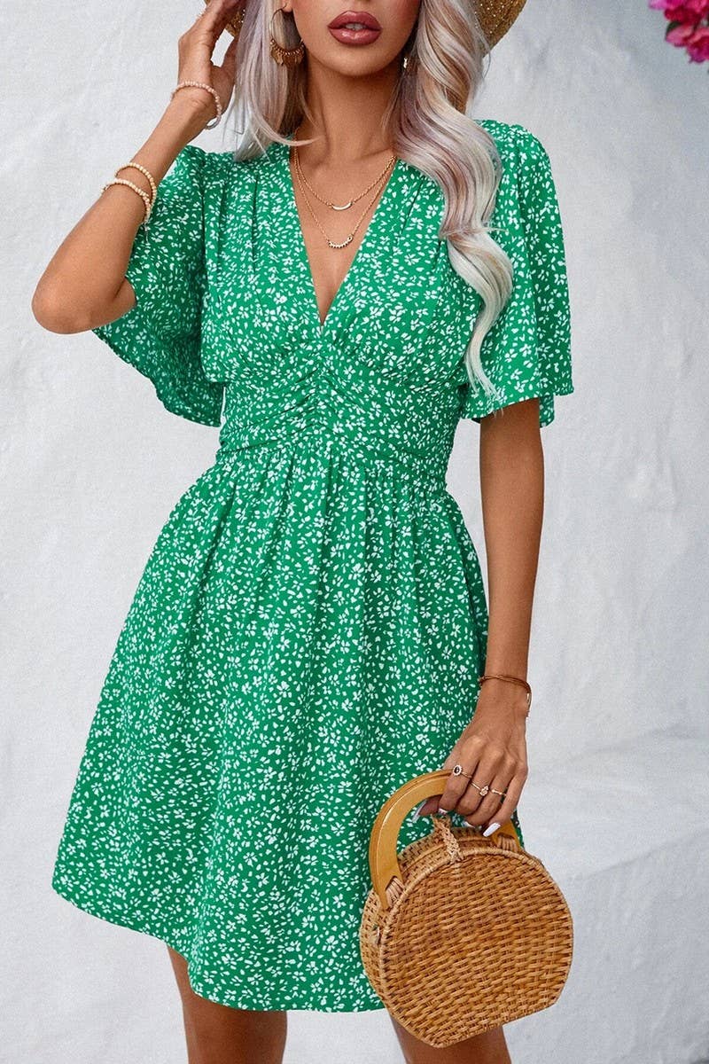 CWDSD7524_SUMMER V-NECK HIGH WAIST FLORAL PLEATED DRESS