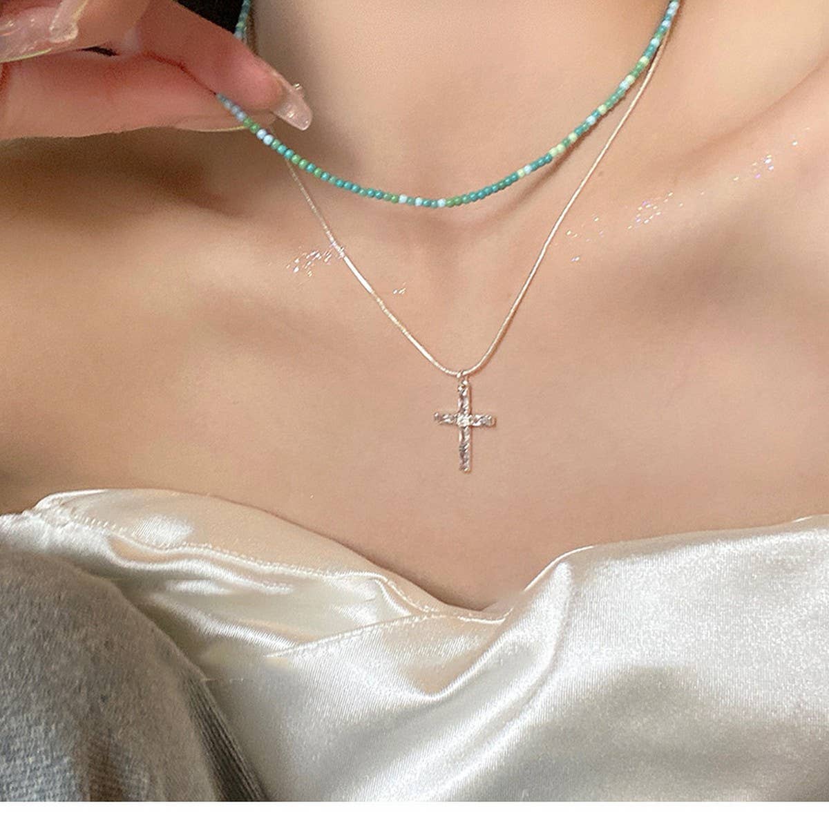 DOUBLE LAYERED CROSS PENDANT NECKLACE
