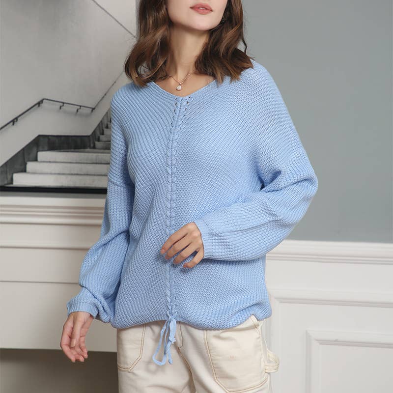LONG SLEEVE LOOSE DRAWSTRING V-NECK SWEATER WOMAN