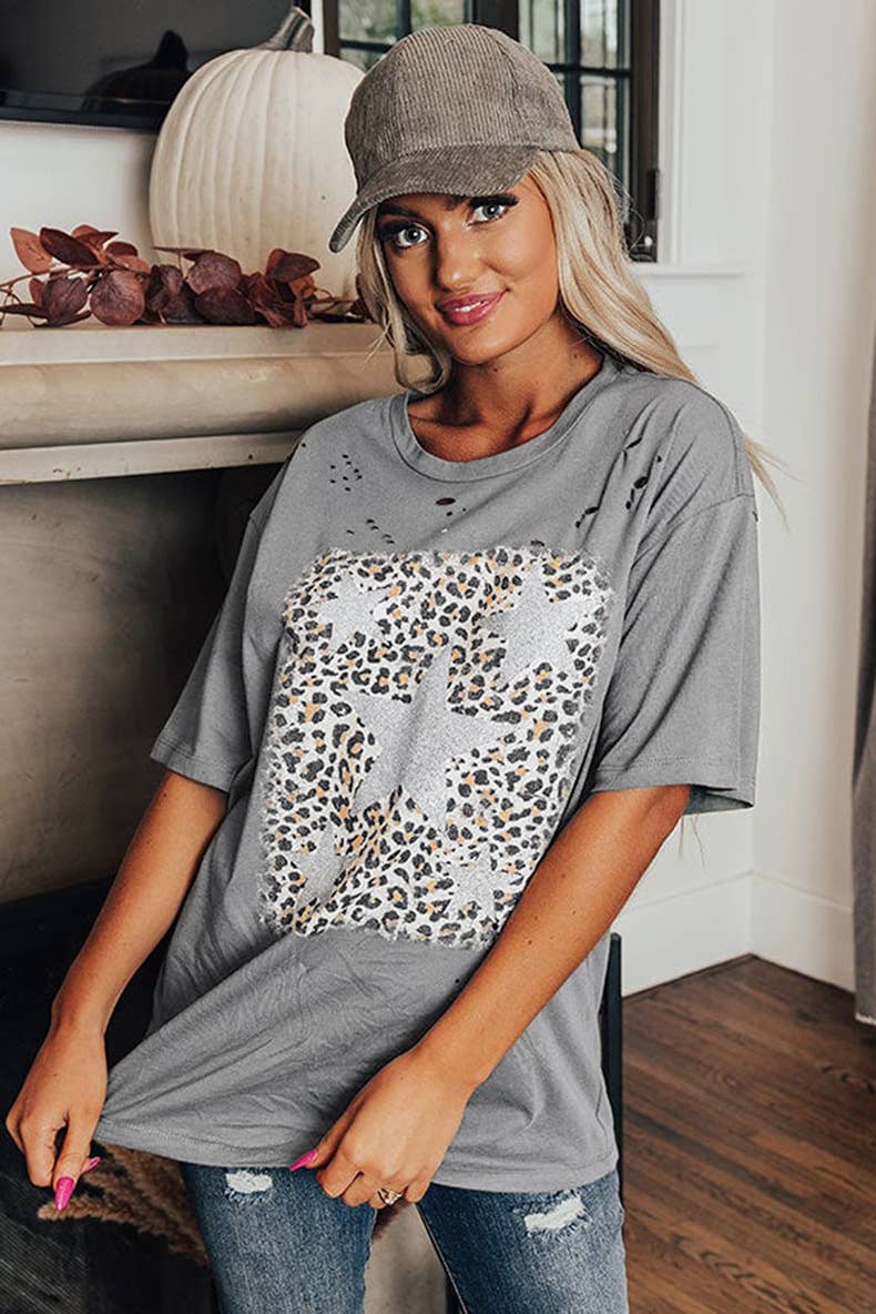 Trend-torn leopard print short-sleeved T-shirt