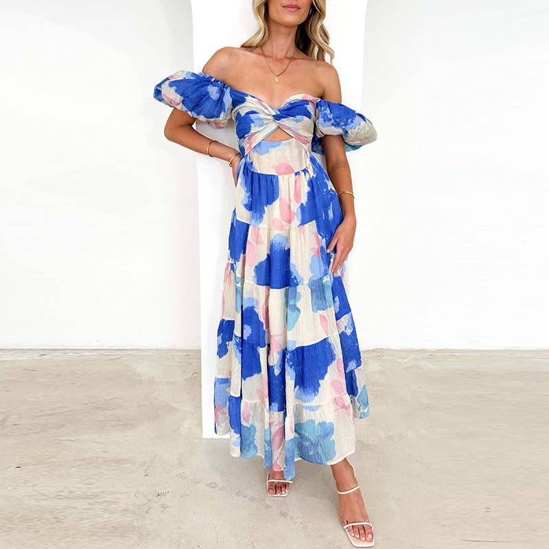 Sweet off-the-shoulder print puffy sleeve dress