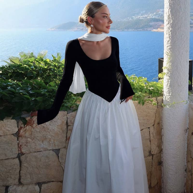 Off-the-shoulder long-sleeved patchwork dress