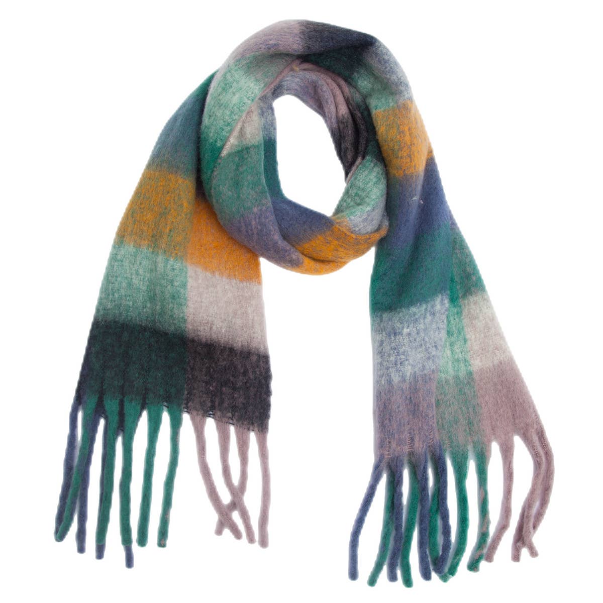 Chunky Plaid Mohair-Look Scarf with Fringes