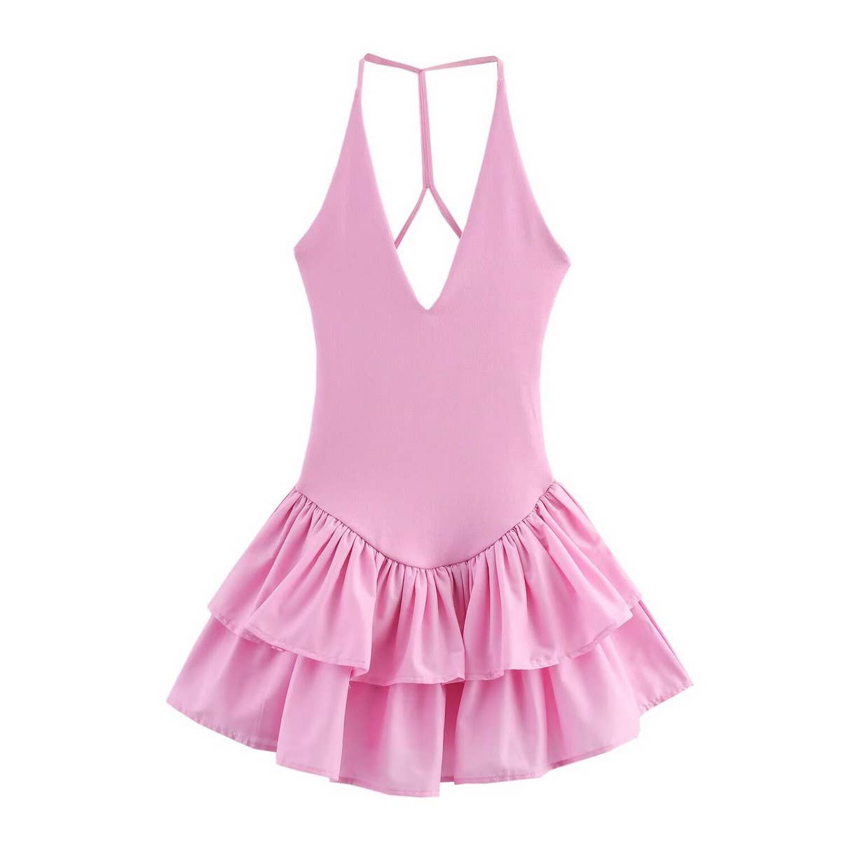 Solid Color V-Neck Halter Patchwork Dress_CWDHL0984