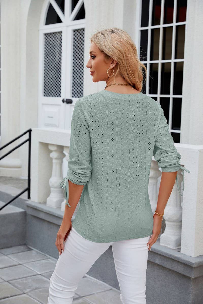 V NECK BUTTON DRAWSTRING T SHIRT_CWTSTS0191