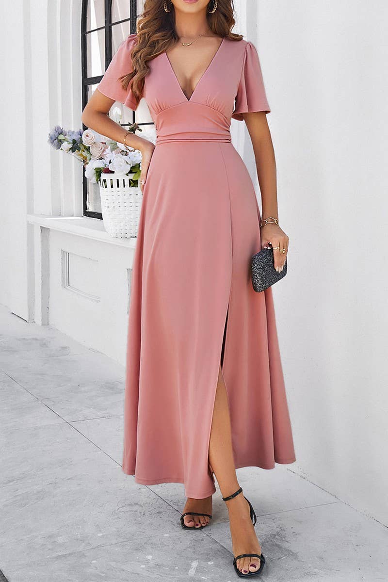 CWDMD1333_V-Neck Short Ruffle Sleeve Maxi Dress