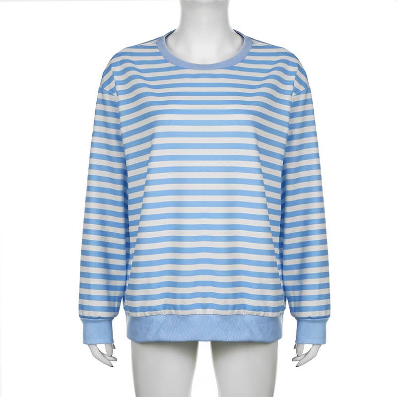 VINTAGE BLUE AND WHITE STRIPED LOOSE HOODIE