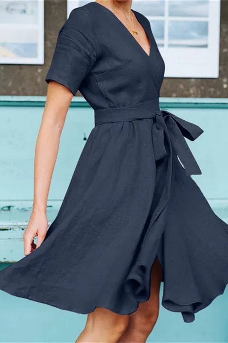 CWDSD5499_V-NECK BELT SHORT-SLEEVED COTTON AND LINEN DRESS