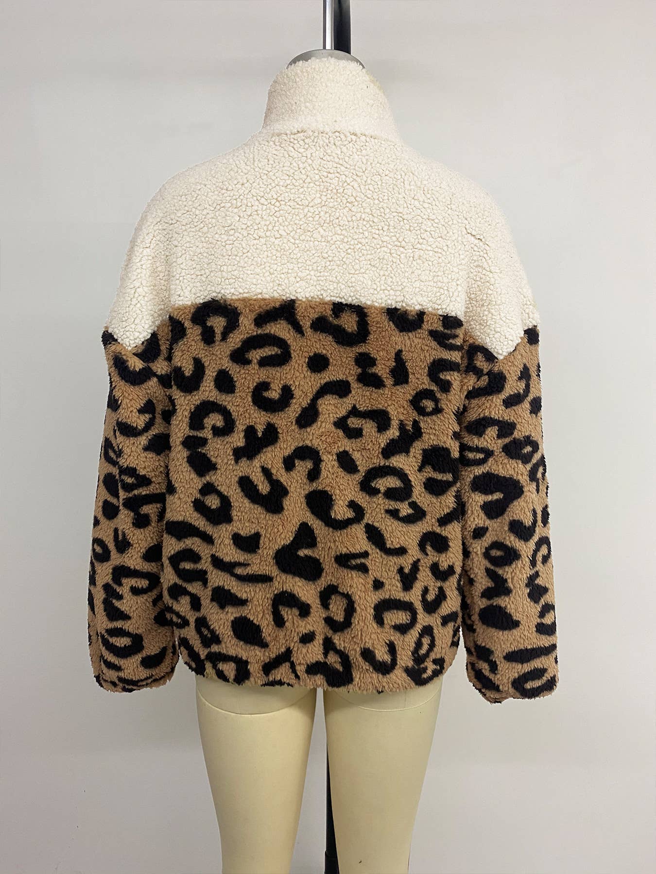 Leopard print color-blocked polar fleece coat