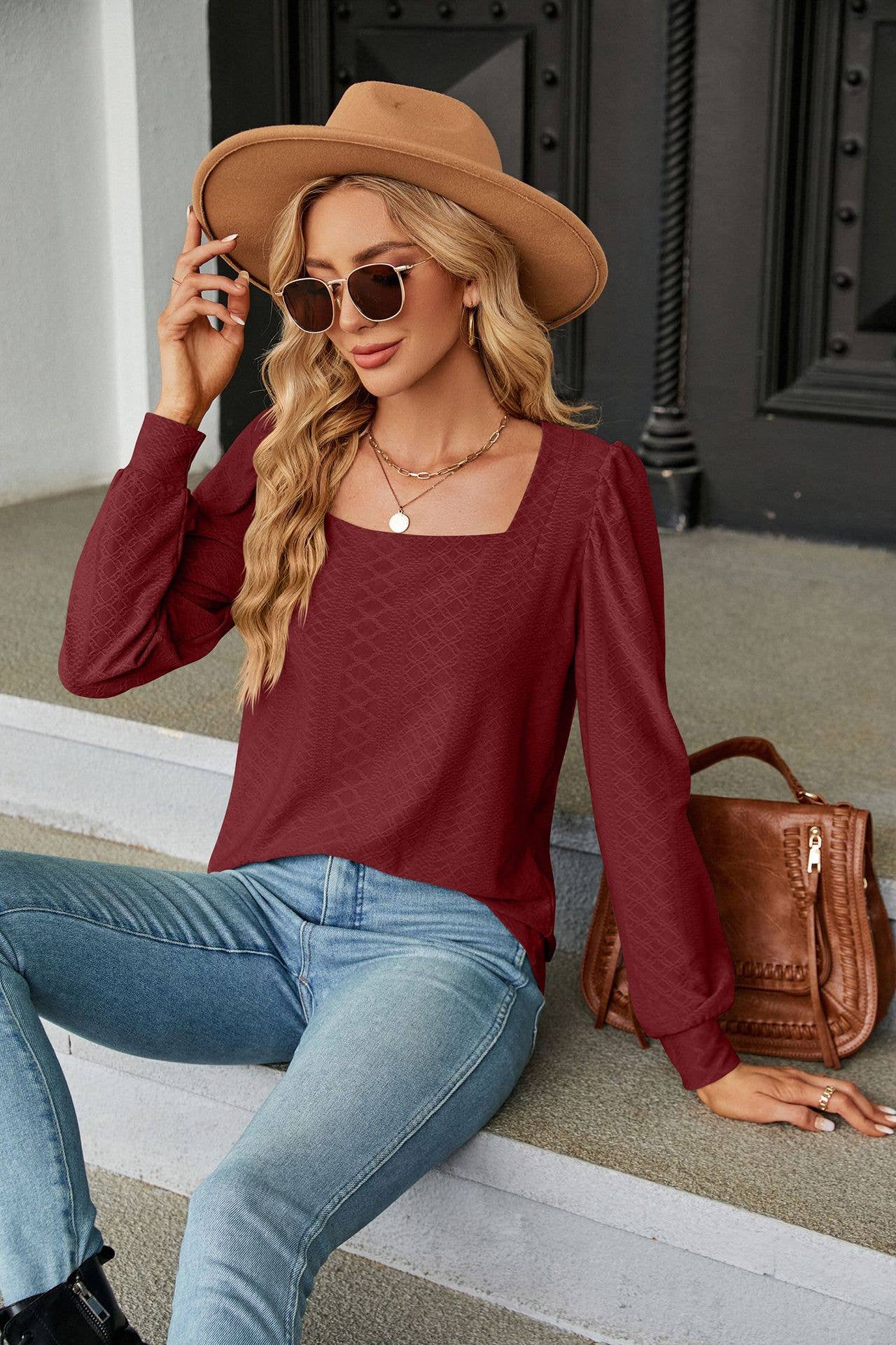 SQUARE COLLAR JACQUARD LONG-SLEEVED LOOSE T-SHIRT