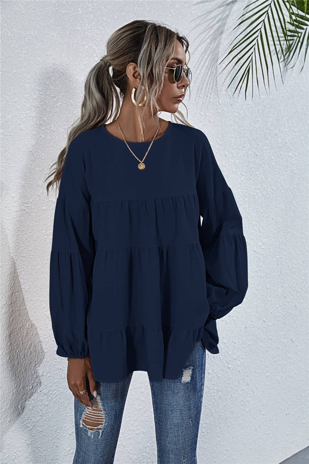 SOLID COLOR ROUND NECK LANTERN SWING LOOSE TOP