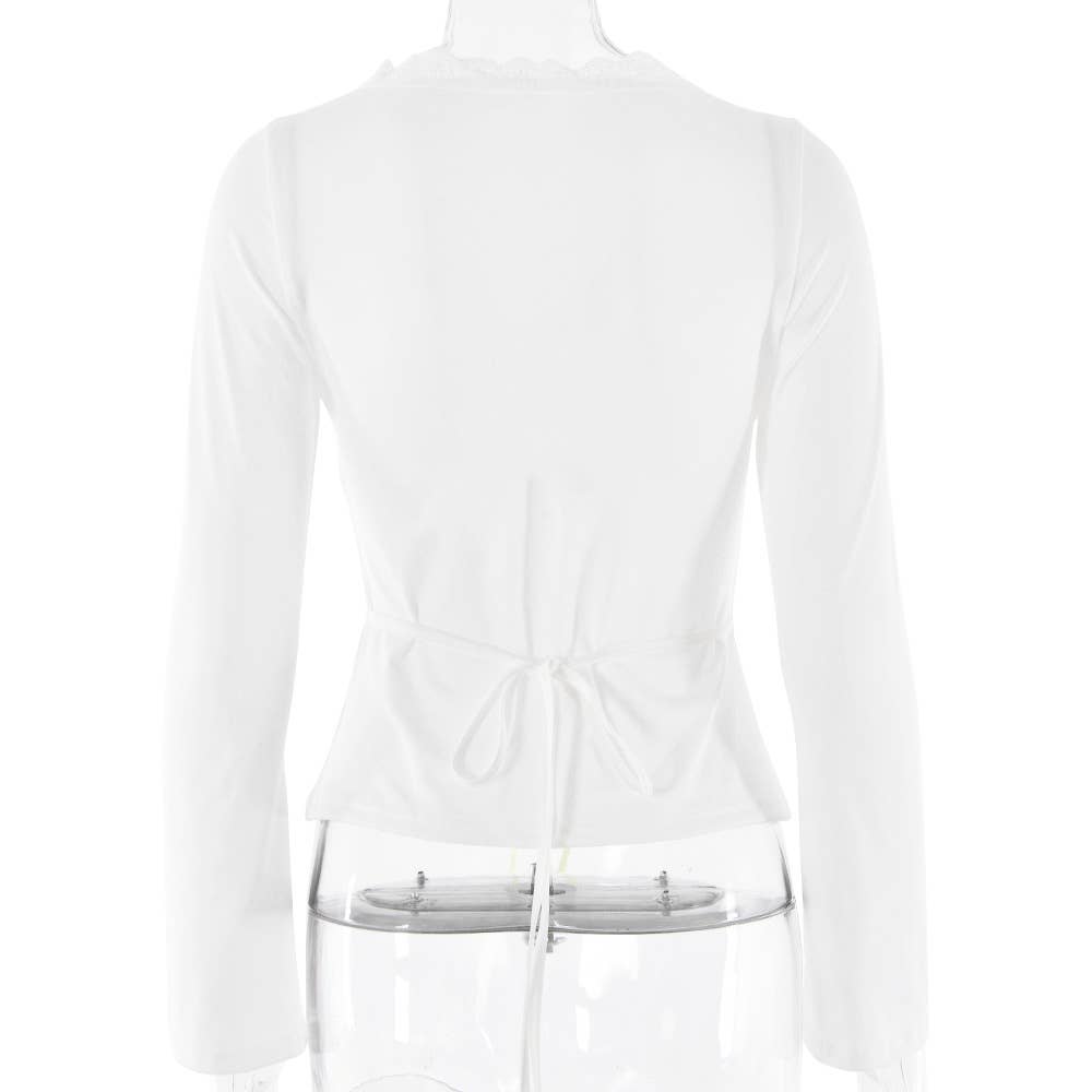 V-neck lace-trimmed bow sexy slimming T-shirt