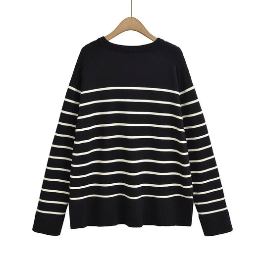 STRIPED LONG-SLEEVED SINGLE-BREASTED CARDIGAN
