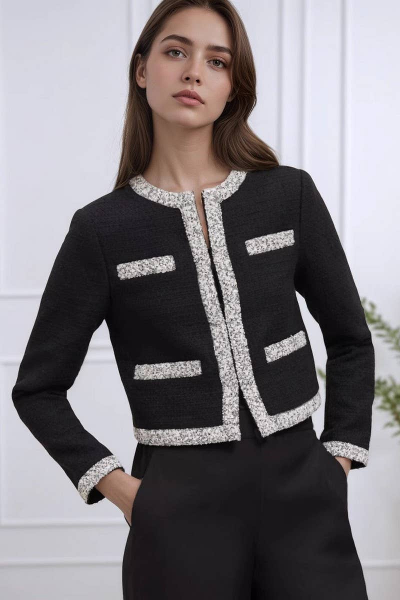 CWOCO1281_ROUND NECK COLOR-BLOCKED TRIM TWEED SHORT COATS