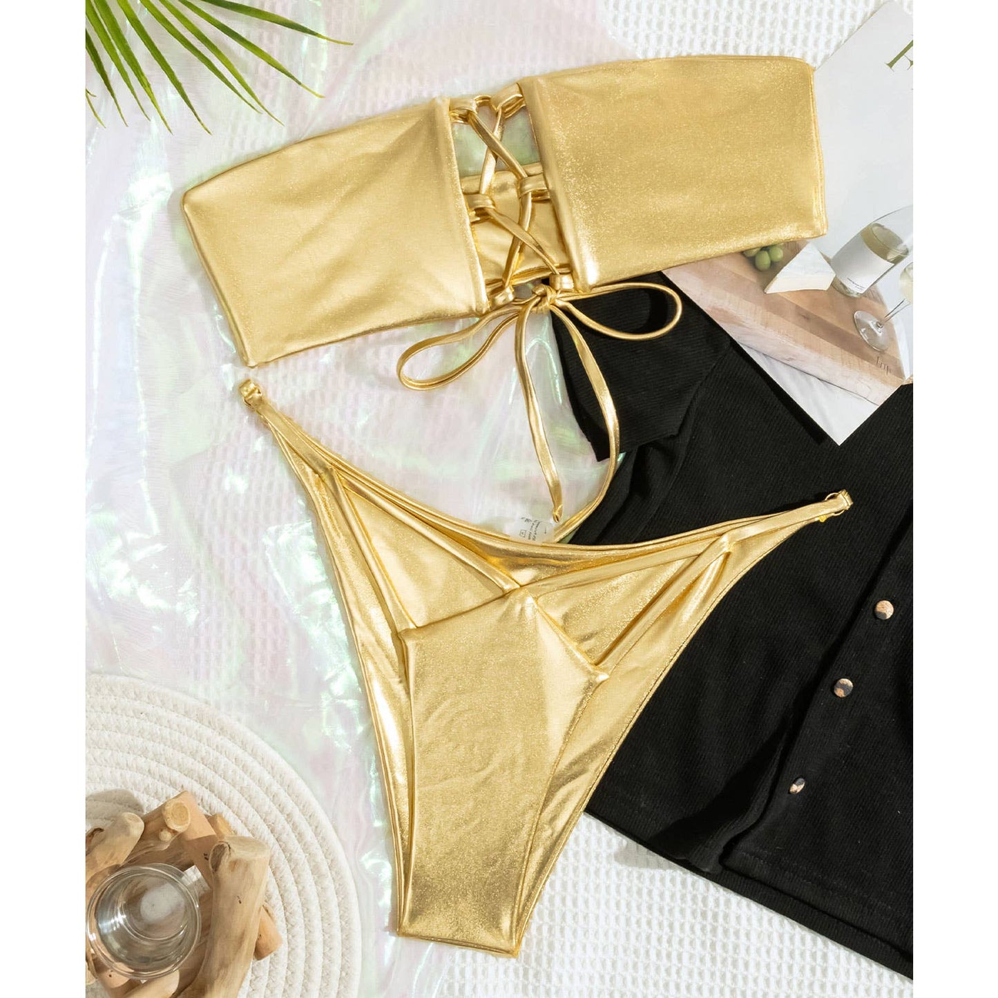 Gold Foil Bikini Set - Sexy Strapless Swimsuit