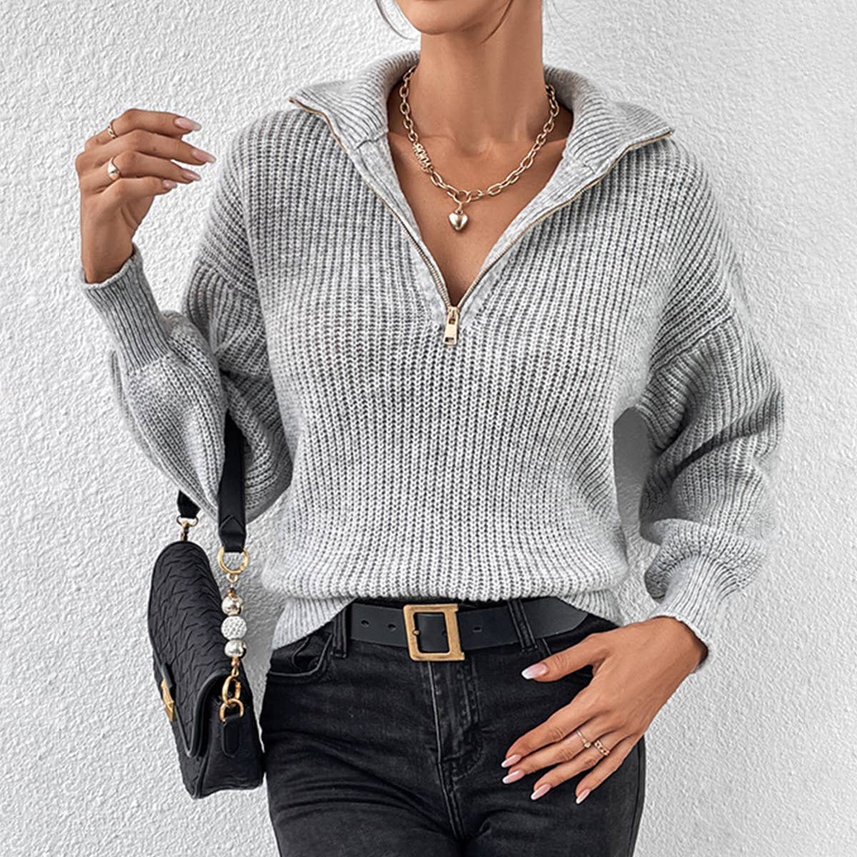 SOLID COLOR LOOSE CASUAL POLO NECK ZIP-UP SWEATER