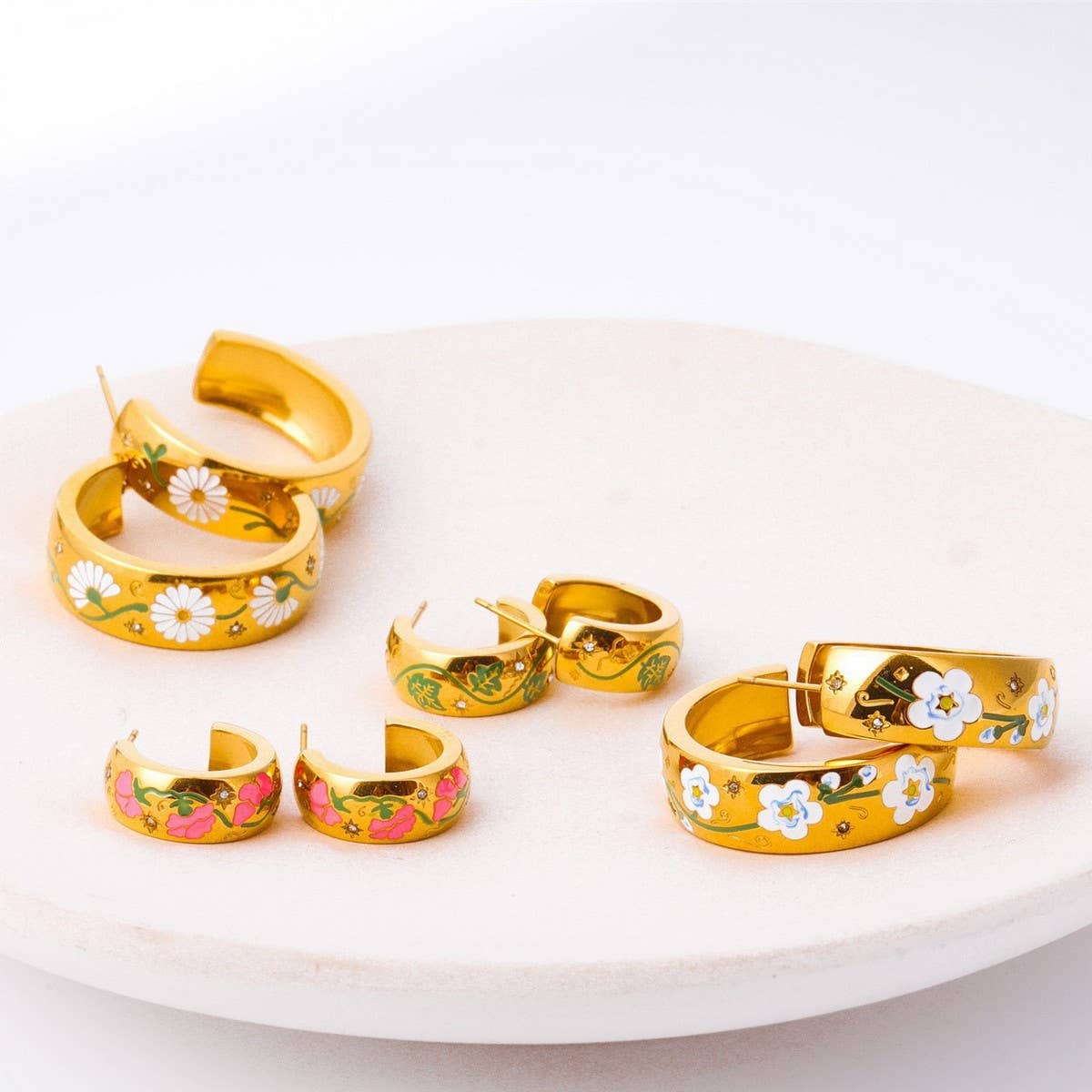 Enamel Floral Rose C Hoop Earrings Gold Stainless