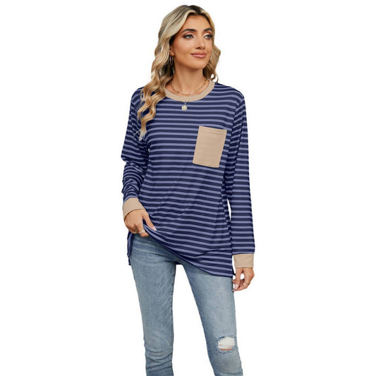Round neck color pocket split loose top