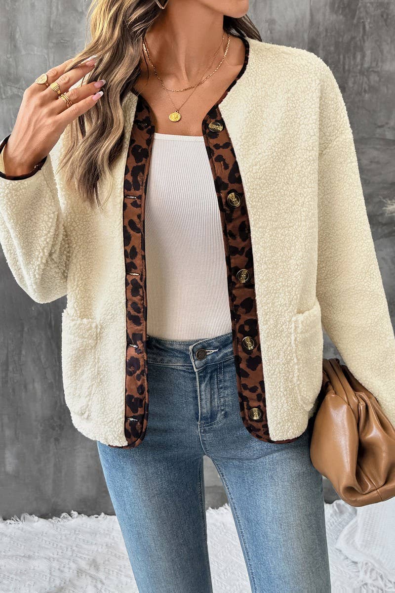 CWOCO00175_CASUAL LEOPARD PRINT CONTRAST CREW NECK JACKET