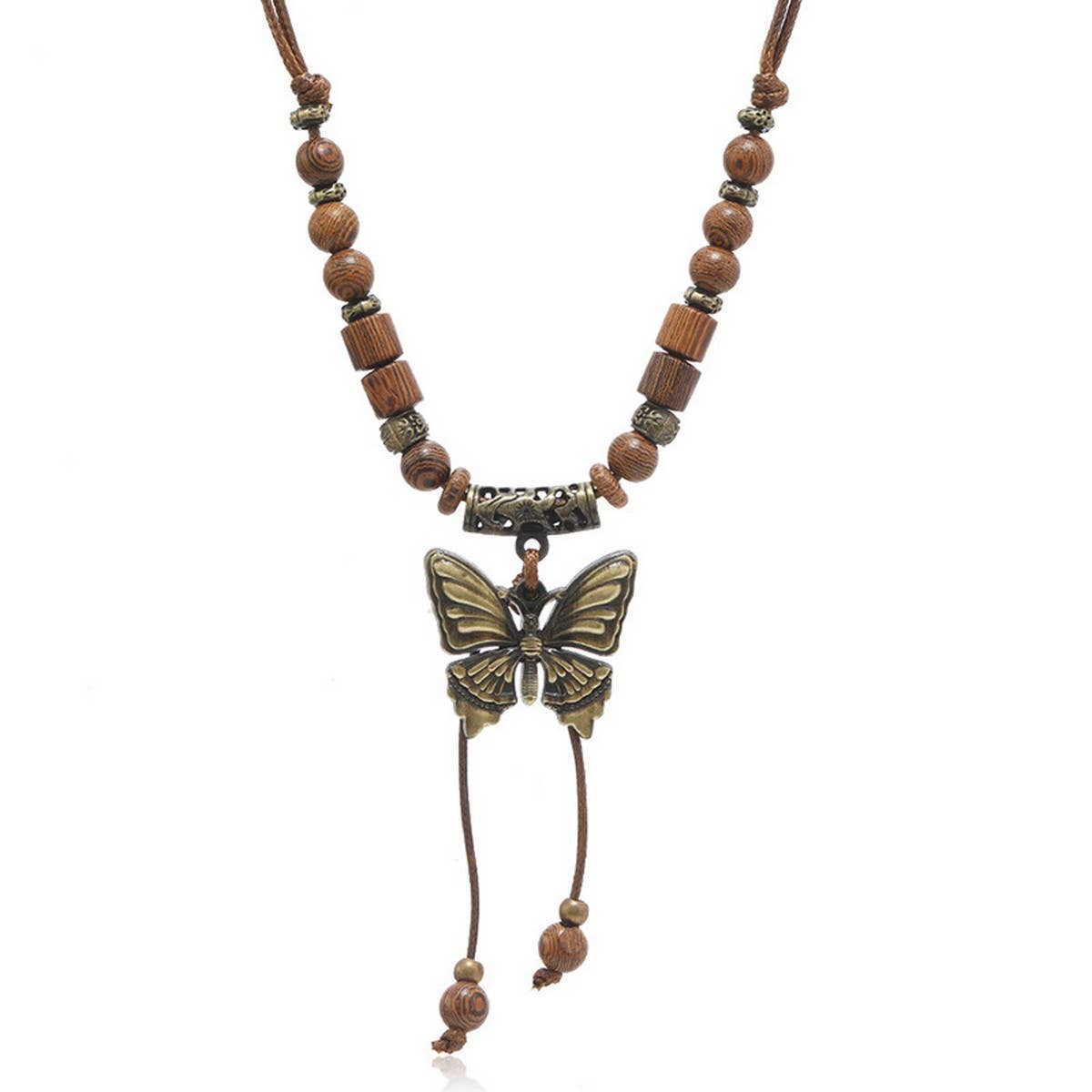 LONG WOODEN BEAD BUTTERFLY TASSEL NECKLACE