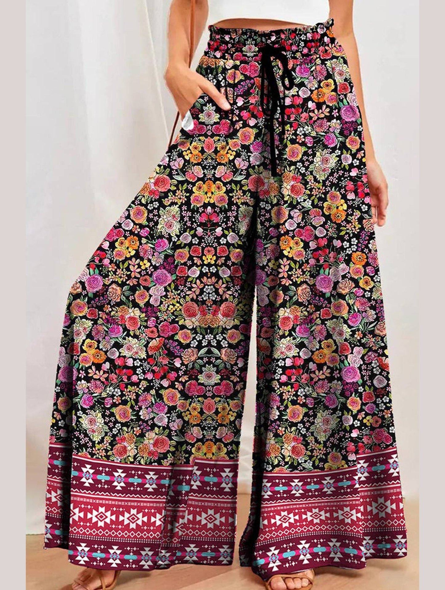 CASUAL PRINTED LACE-UP PANTS_CWBLP0633