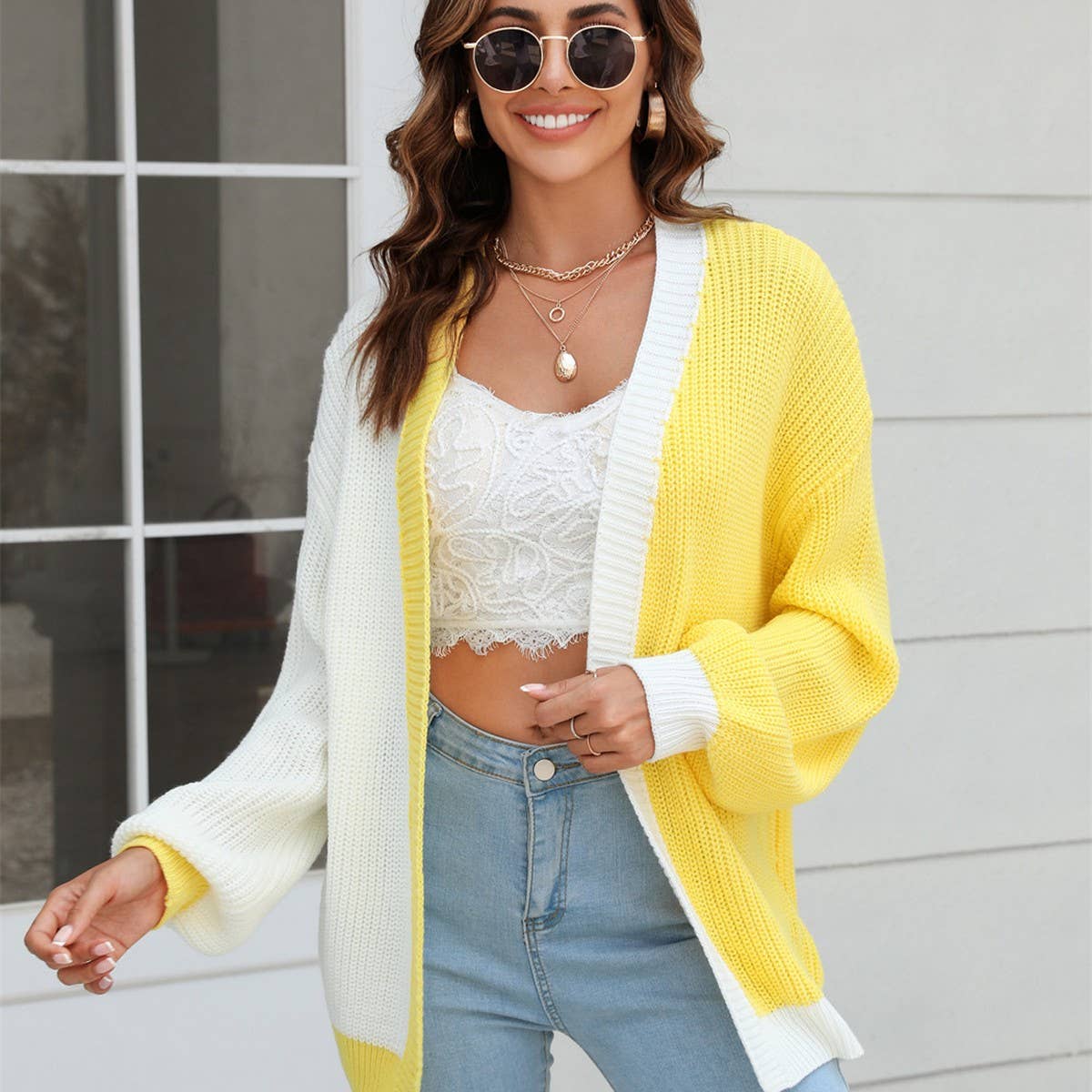 Patchwork Color Combination Fashion Knit Cardigan