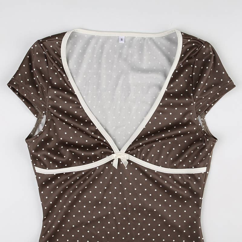 Polka dot print short-sleeved mid-length dress