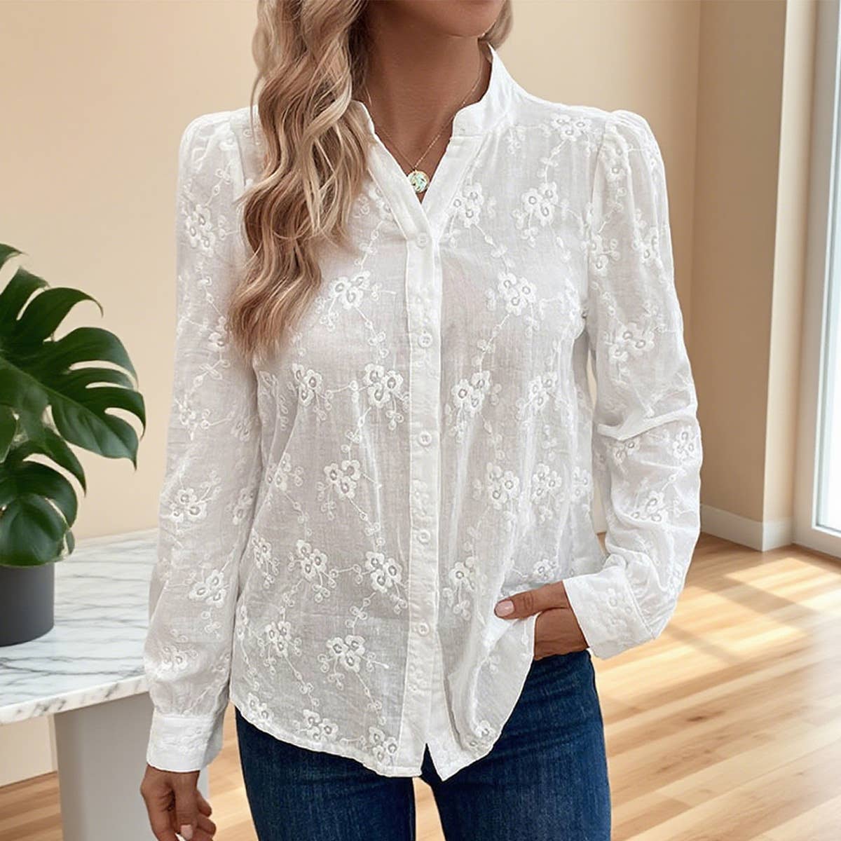 Hollowed-out lace jacquard shirt