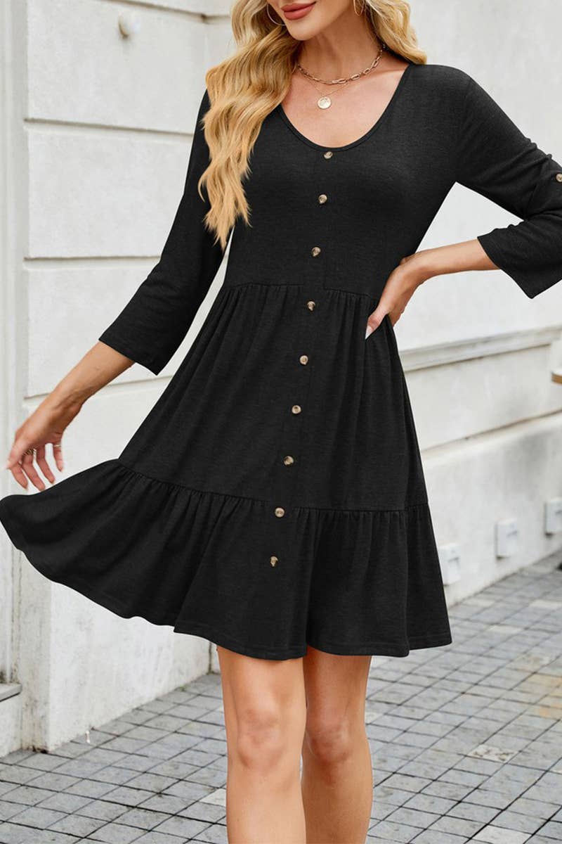 CWDSD7423_SUMMER SOLID COLOR ROUND NECK BUTTON SLEEVE DRESS