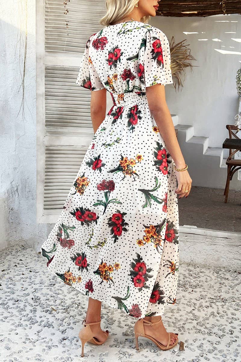 CWDMD5354_SUMMER SEXY DEEP V PRINTED SHORT SLEEVE DRESS