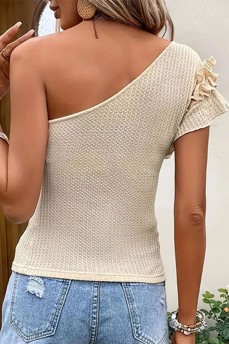 RUFFLED DIAGONAL SHOULDER FABRIC KNIT TANK TOP