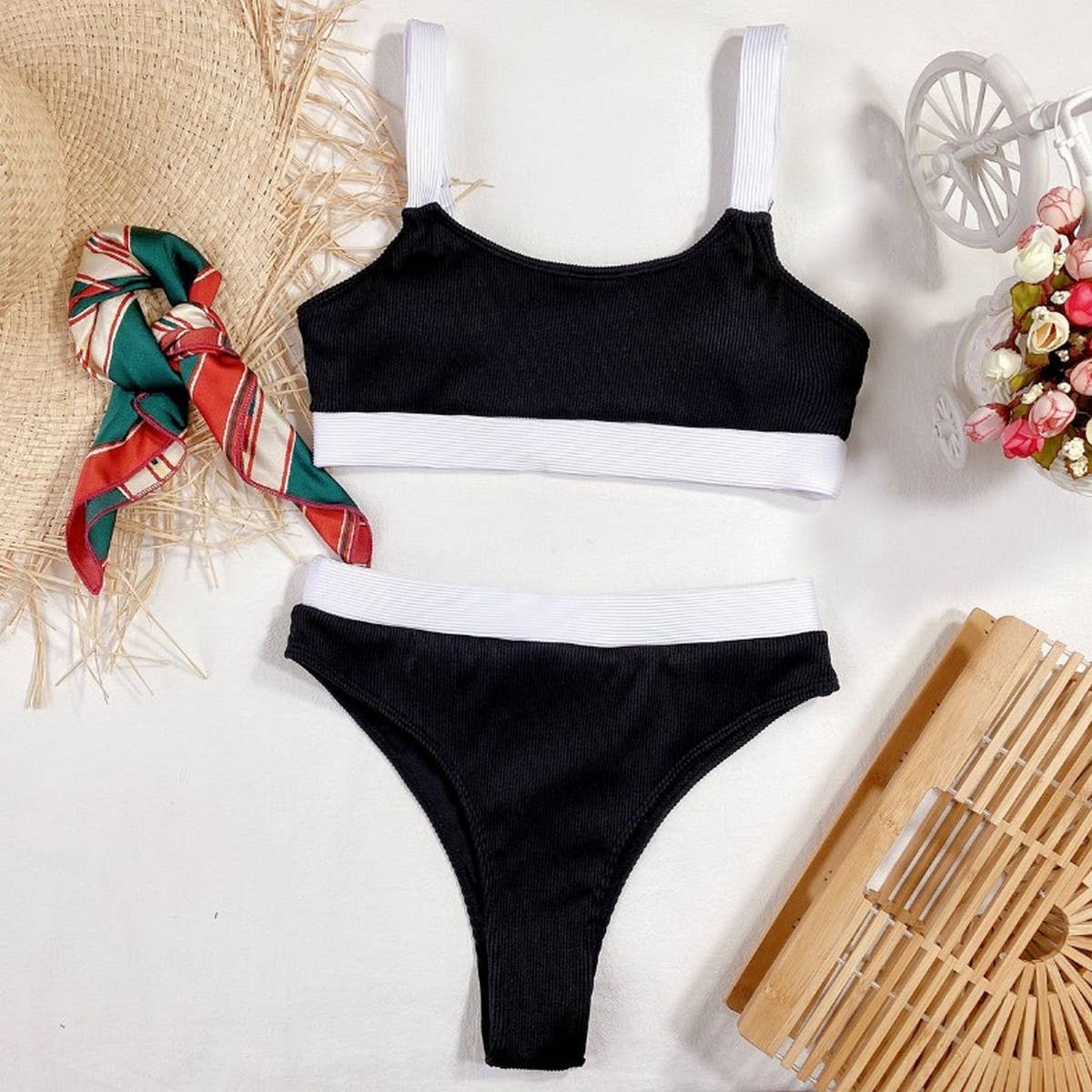 High Waist Bikini Set - Solid Color Women Swimsuit