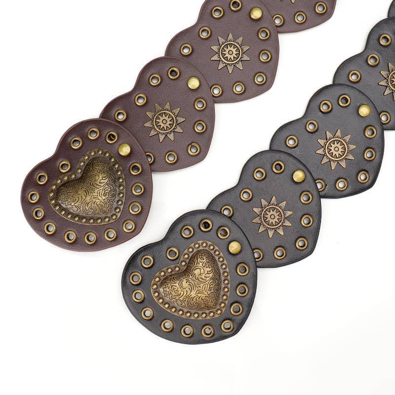 Ethnic-style heart-shaped spliced riveted belt