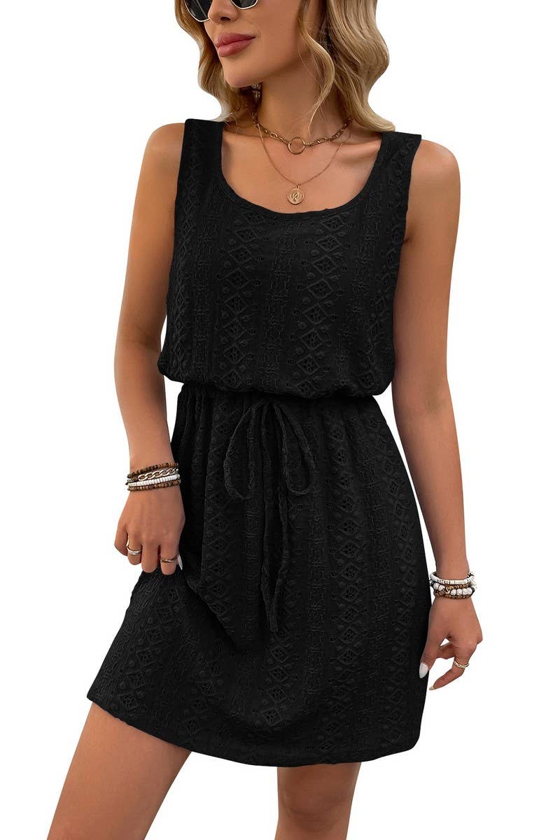 CWDMD4645_SQUARE NECK DRAWSTRING SLEEVELESS DRESS