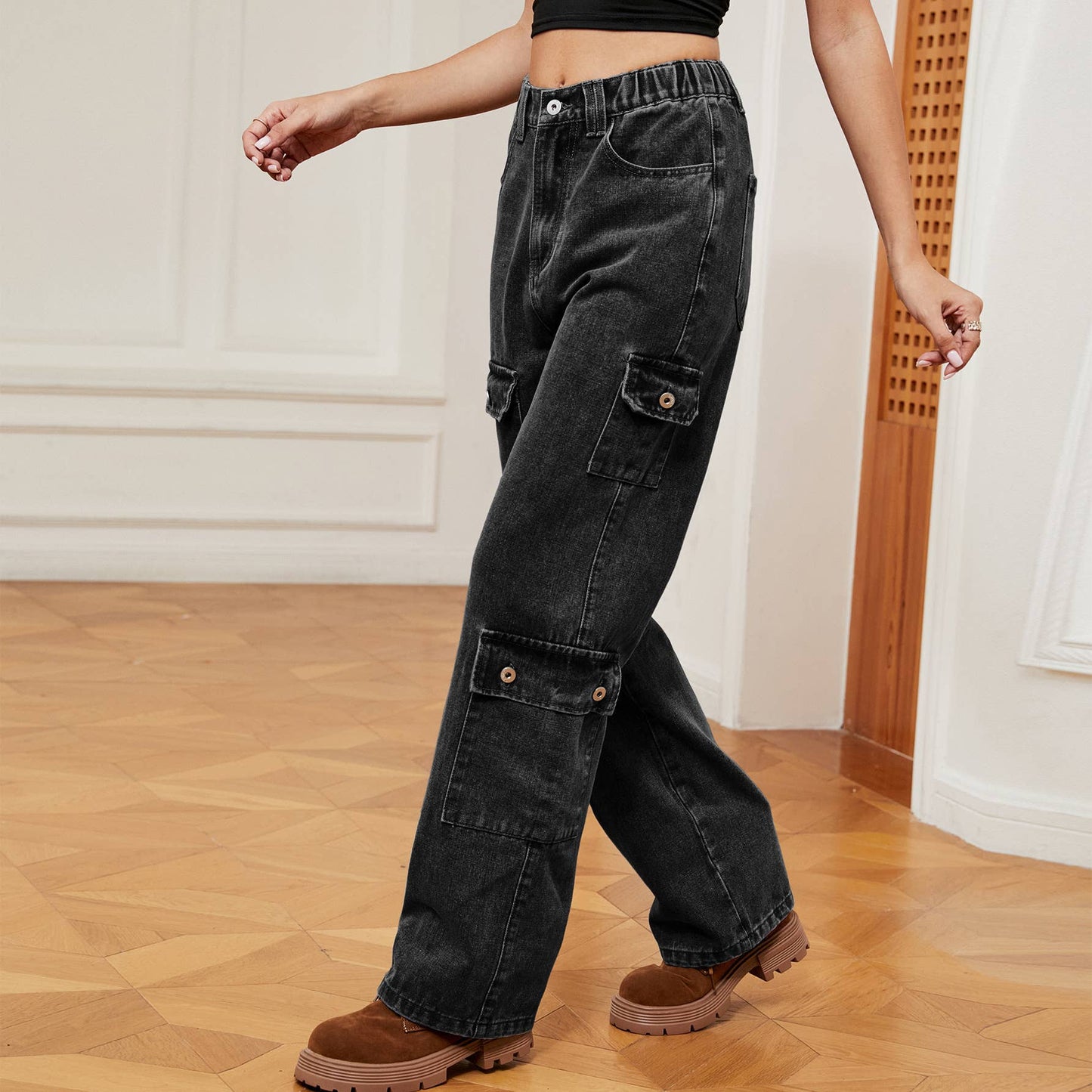 Semi-elastic personalized denim cargo pants