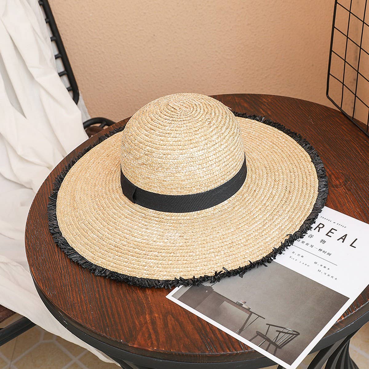 BLACK FUR EDGE OUTDOOR SHADING FASHION STRAW HAT_CWAH1173