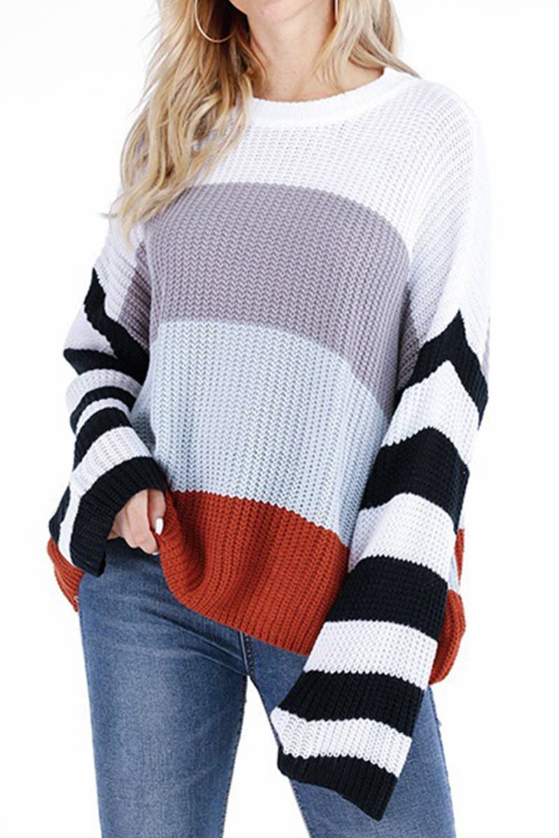 STRIPED SPLICED PULLOVER SWEATER IN INTERCOLOR