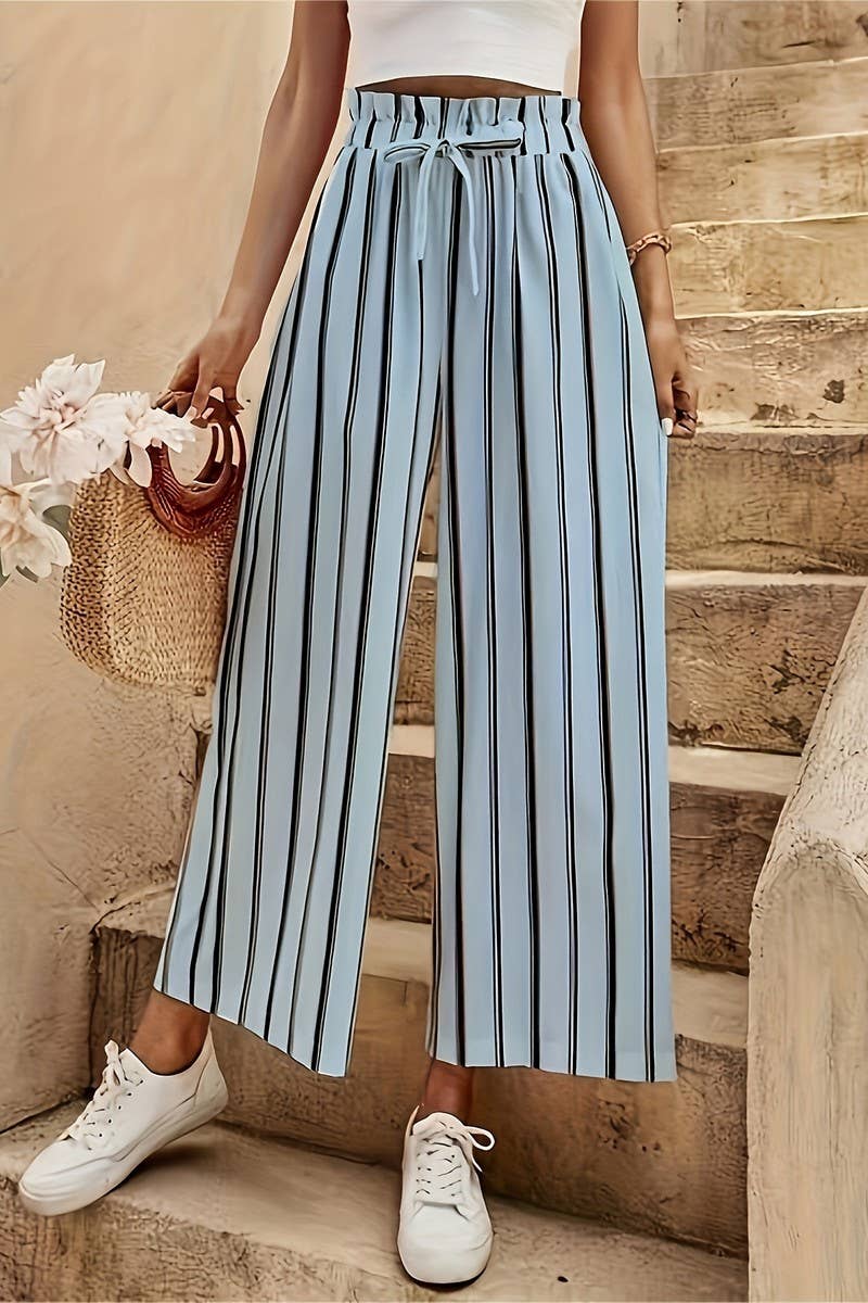 CWBLP2078_HIGH WAIST LOOSE FIT SLIM STRIPED WIDE LEG PANTS