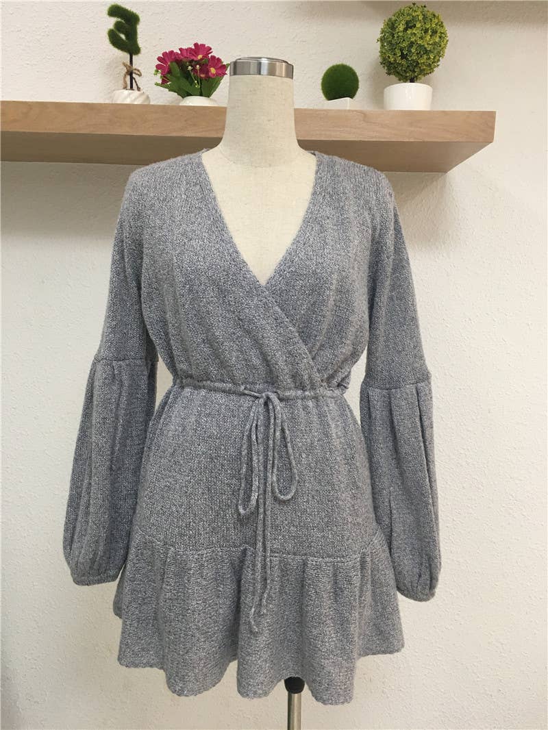 SOLID COLOR TIE V-NECK SWEATER LONG SWEATER