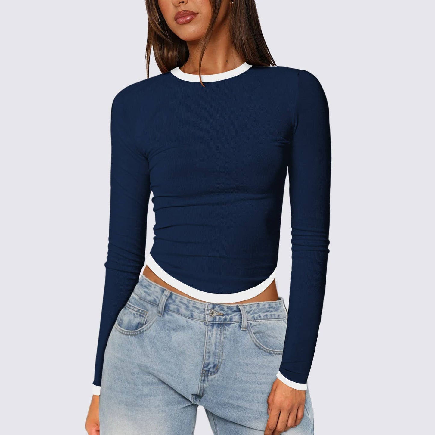 LONG SLEEVE ROUND NECK SLIM-FIT COLOR SHORT TOP