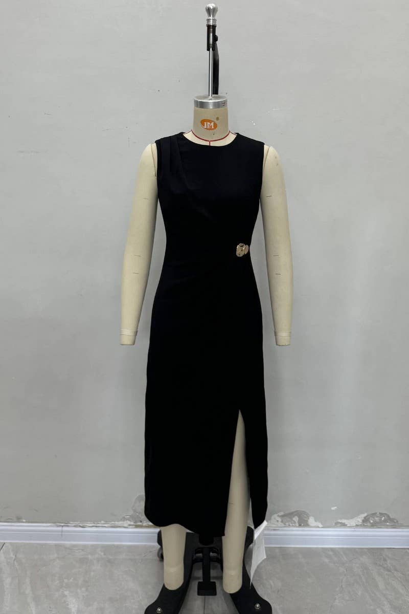 CWDMD6407_RUCHED SLEEVELESS SPLIT SOLID MIDI DRESS