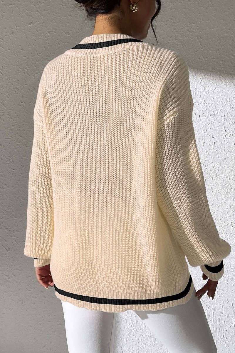 CWOSWL07342_WOMEN PREPPY COLOR BLOCK V NECK PEARL SWEATER