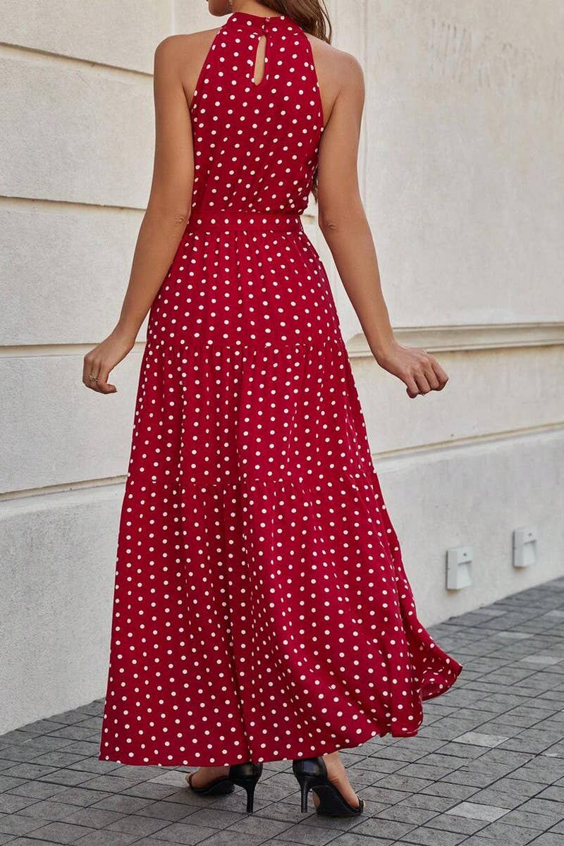 Polka dot printed bouquet ribbon halter dress