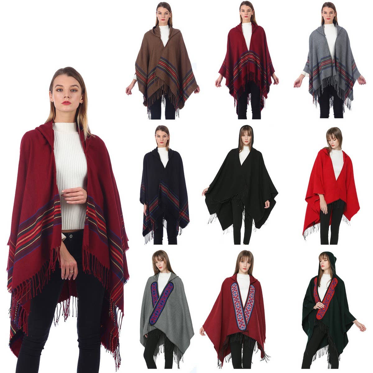 SOLID COLOR FRINGED HOODED BLANKET SHAWL CLOAK_CWASC0314