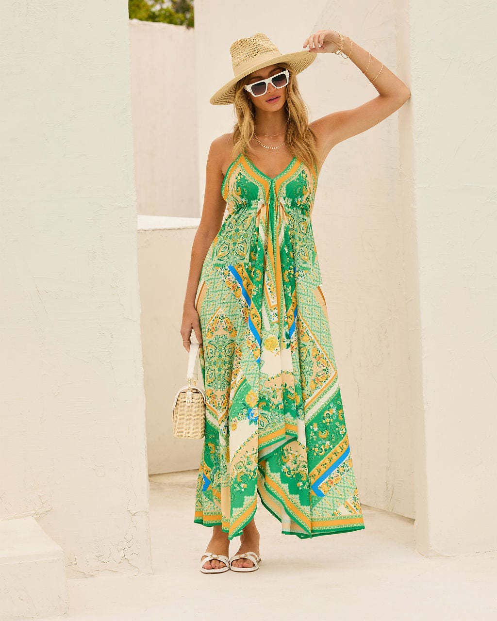 Off-the-shoulder V-neck halter print swing dress
