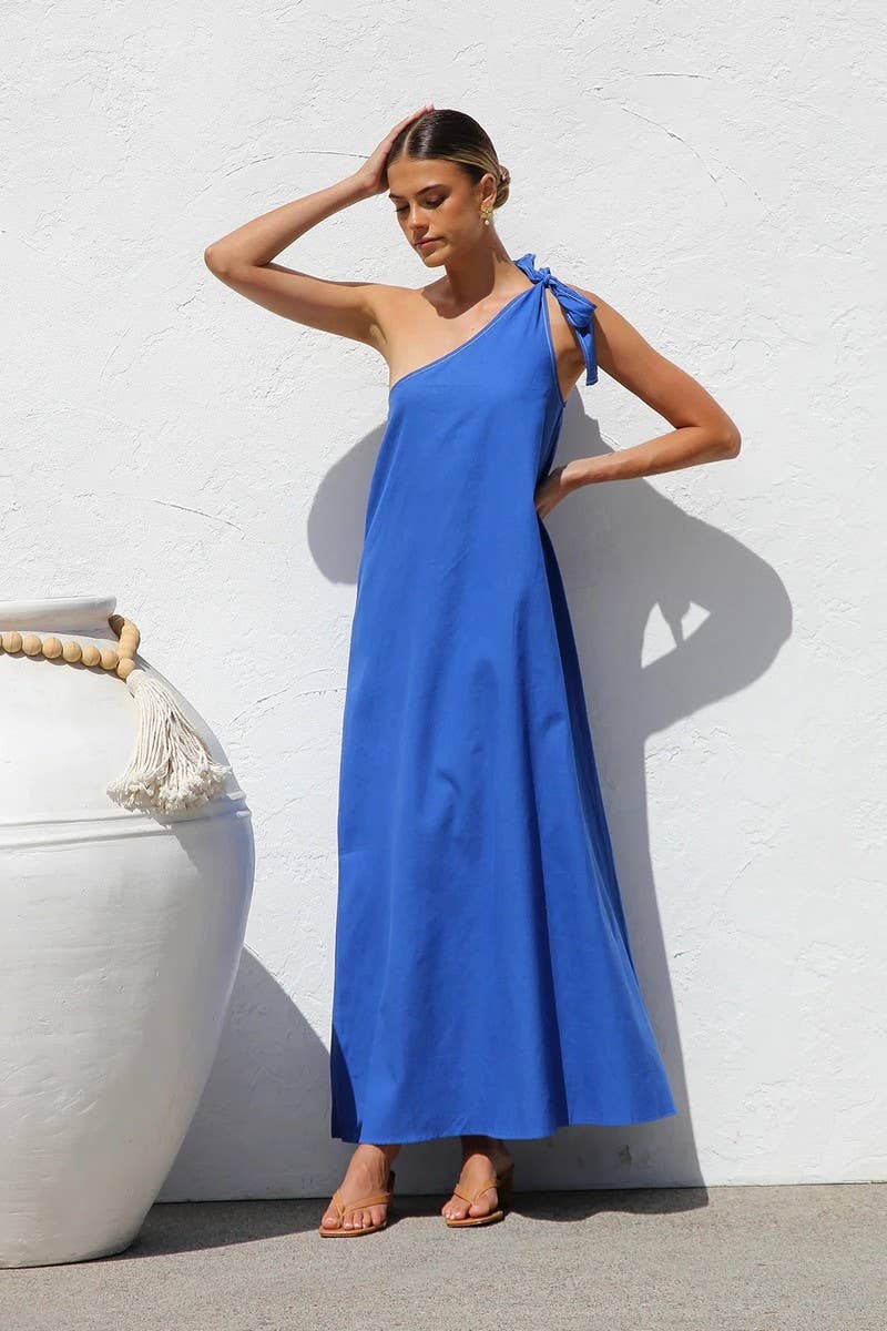 CWDMD5990_SUMMER OFF-SHOULDER TIE SOLID COLOR A-LINE DRESS