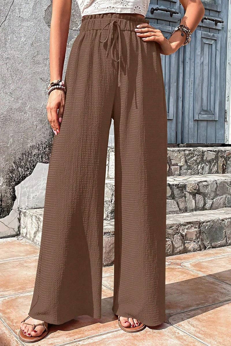 CWBLP1867_FASHIONABLE BUBBLE PLAID CASUAL WIDE-LEG PANTS