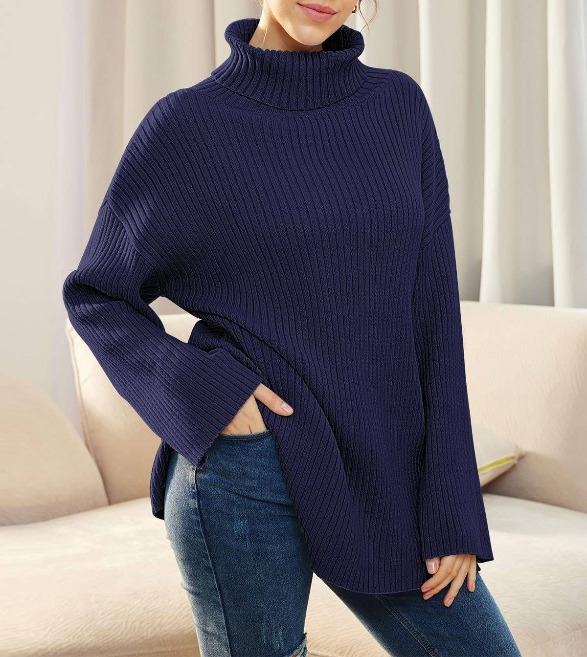 SPLIT TURTLENECK SOLID COLOR RIB KNIT SWEATER