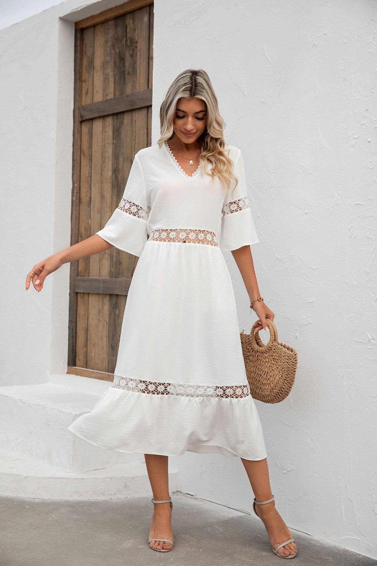 V-NECK CUTOUT LACE PATCHWORK MID-WAIST DRESS